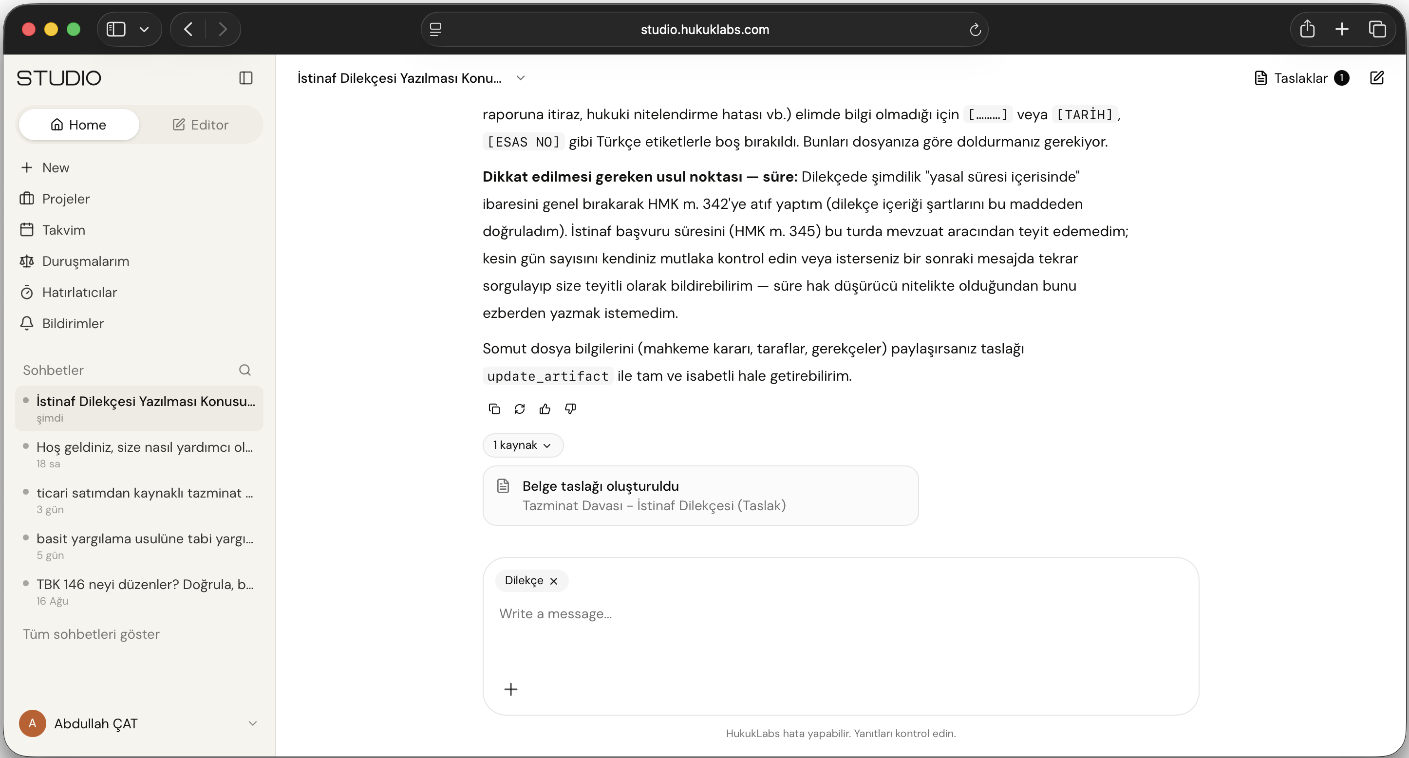 HukukLabs Studio — yapay zeka ile dilekçe taslağı oluşturma arayüzü